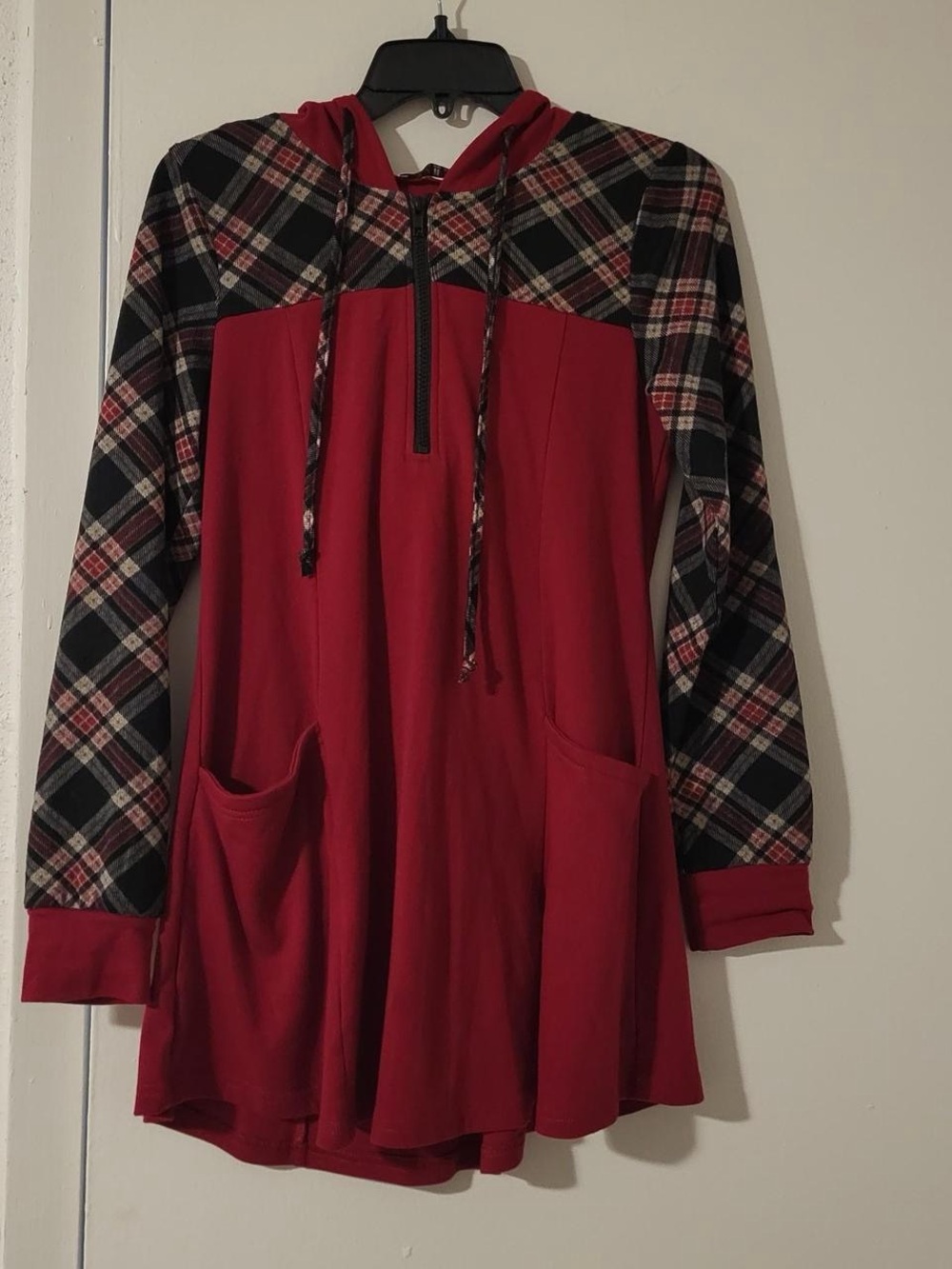 ViVI Red Tunic Hoodie with Plaid Sleeves